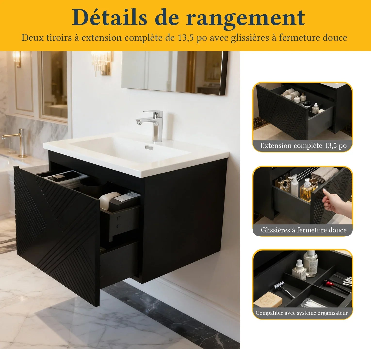 30" Black Wall Mount Bathroom Vanity with White Polymarble Countertop