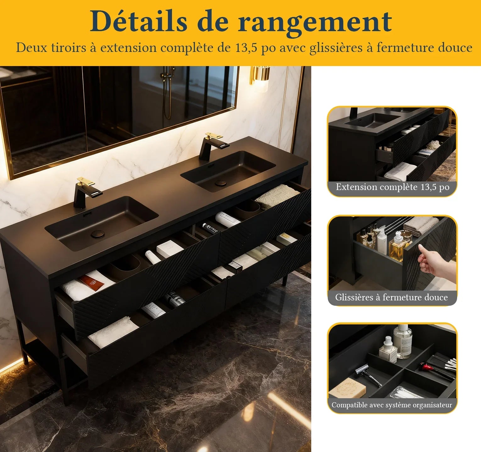 Meuble-Lavabo Double Mural 72po Noir avec Comptoir de Quartz d'ingénierie Noir