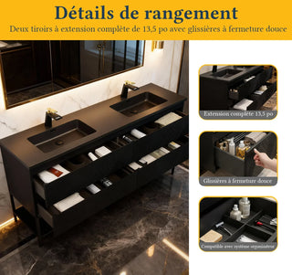 Meuble-Lavabo Double Mural 72po Noir avec Comptoir de Quartz d'ingénierie Noir