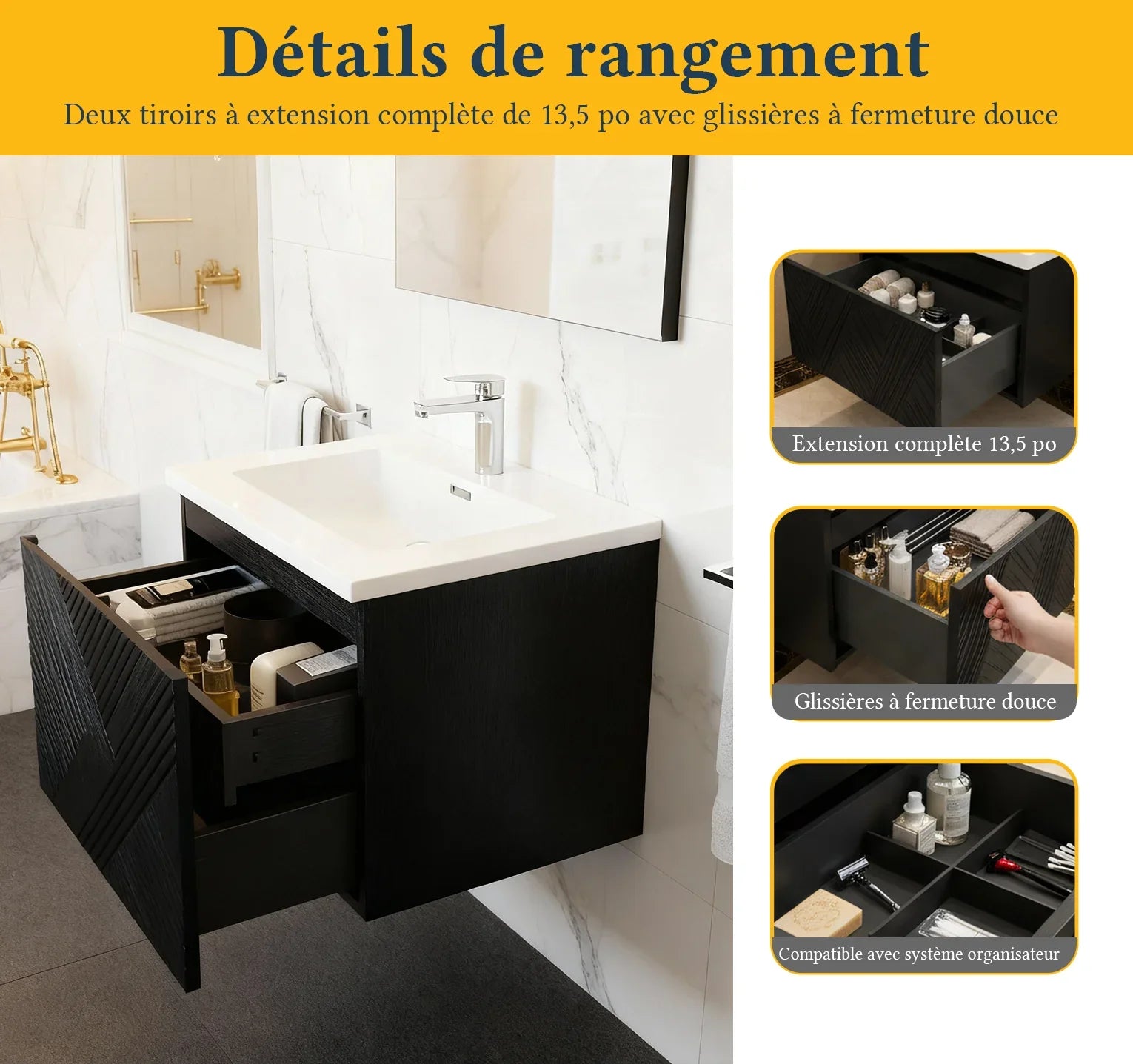 Meuble-Lavabo Mural 36po Noir avec Comptoir en Polymarbre Blanc