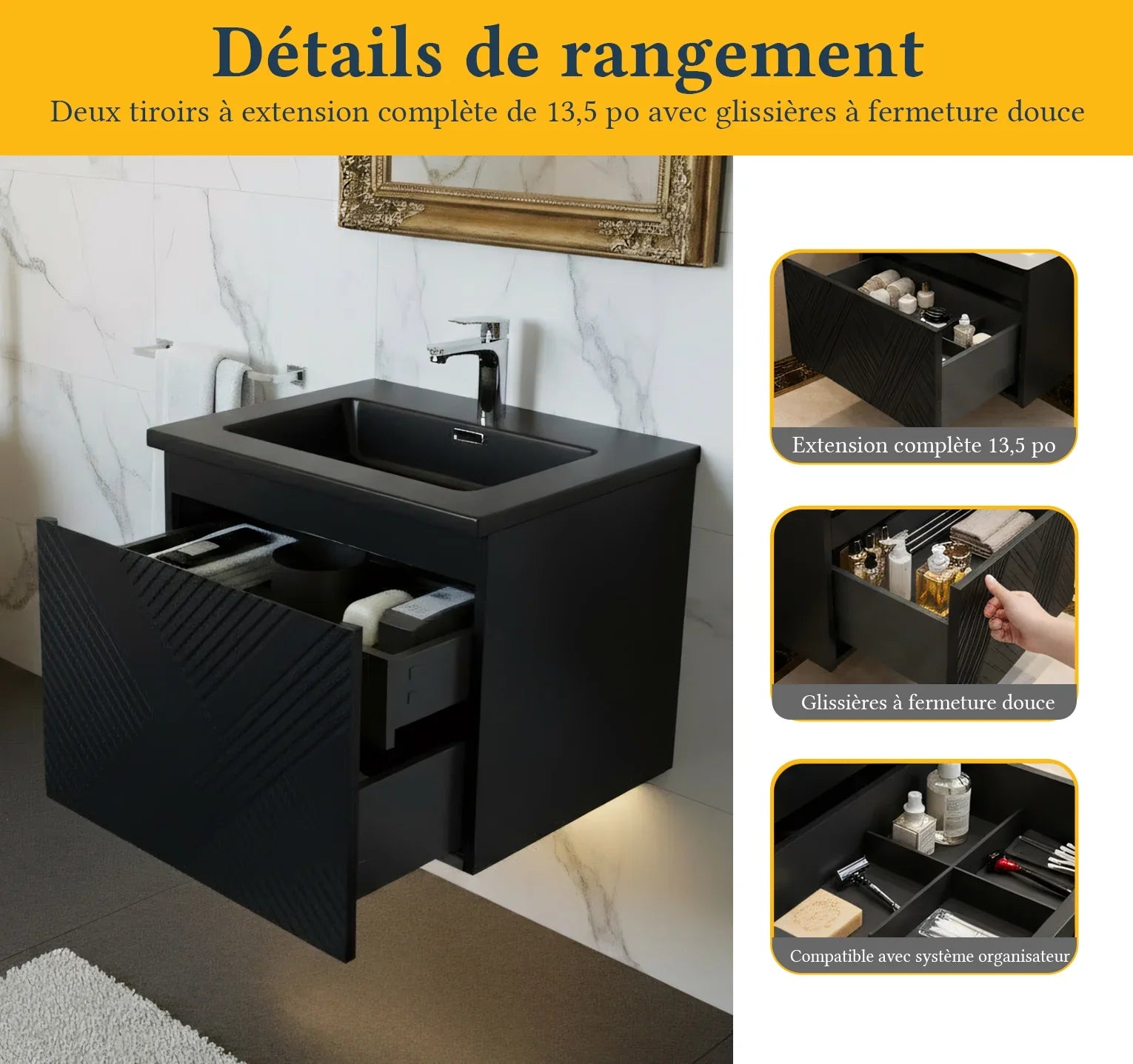 30" Black Wall Mount Bathroom Vanity with Black Engineered Quartz Countertop