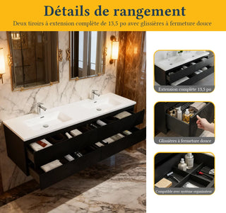 Meuble-lavabo double noir de 72" à fixer au mur avec Comptoir en polymarbre blanc