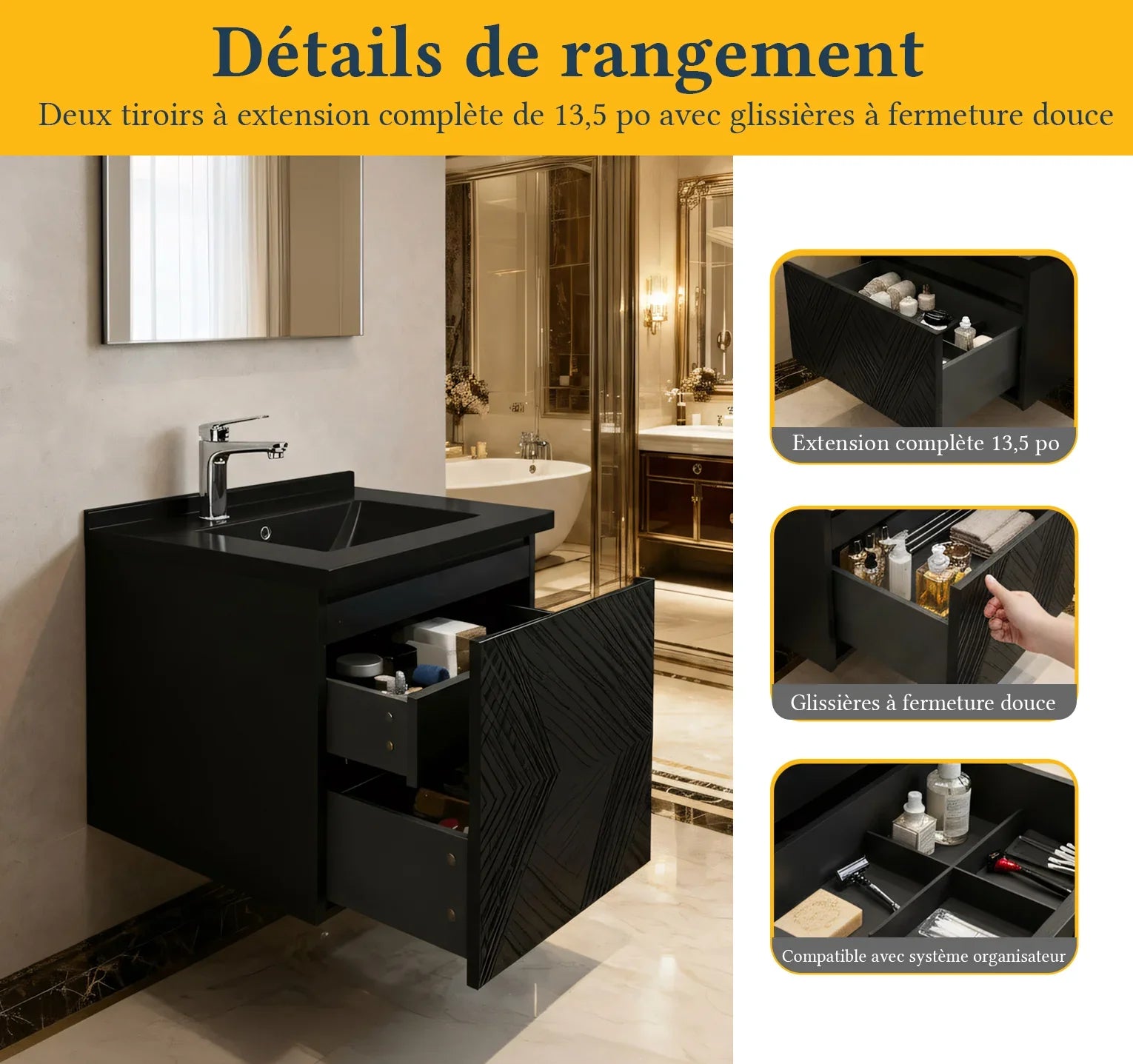 Meuble-Lavabo Mural 24po Noir avec Comptoir de Quartz d'ingénierie Noir