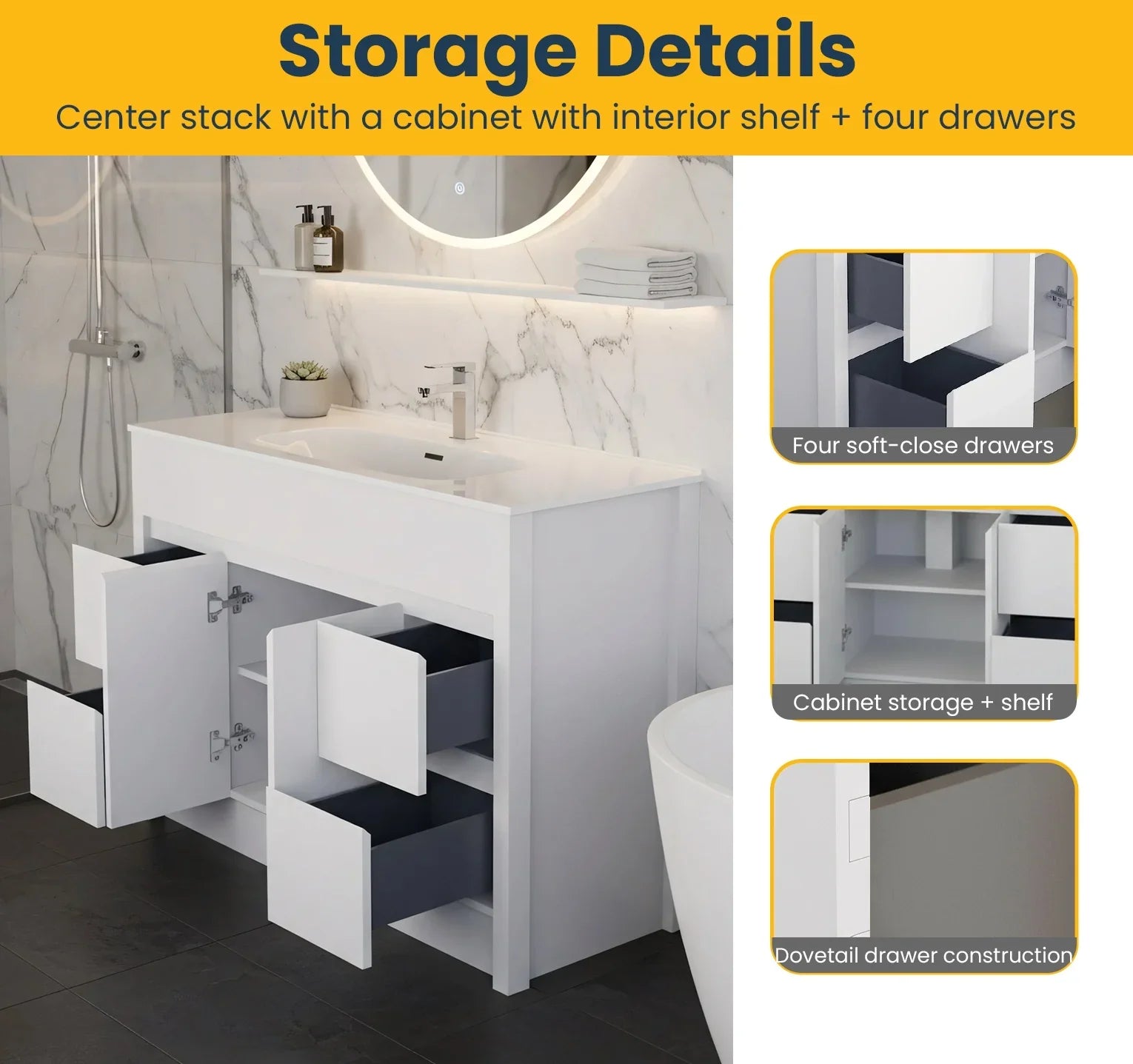 Meuble-Lavabo Autoportant 48po Blanc Mat avec Comptoir de Céramique Blanc