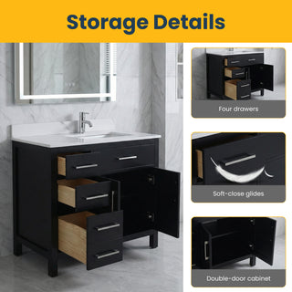36" Black Freestanding Single Sink Bathroom Vanity with Engineered Calcutta Marble Countertop