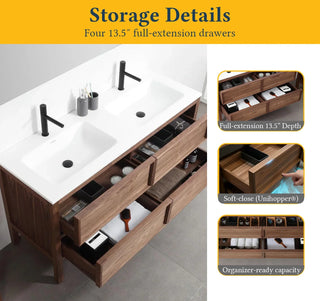 60" Natural Walnut Freestanding Double Sink Bathroom Vanity with White Solid Surface Countertop