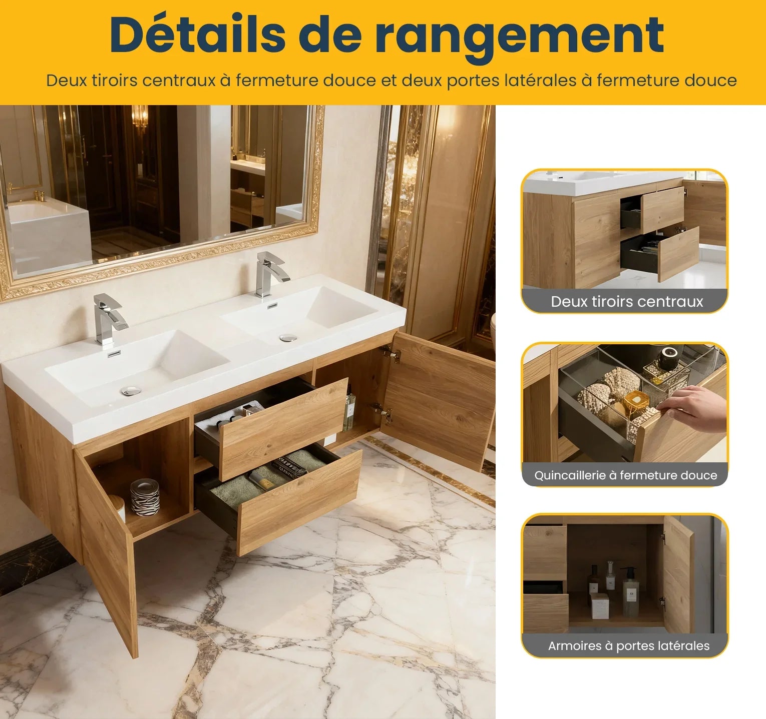 60" Rough Oak Wall Mount Double Sink Bathroom Vanity with White Polymarble Countertop