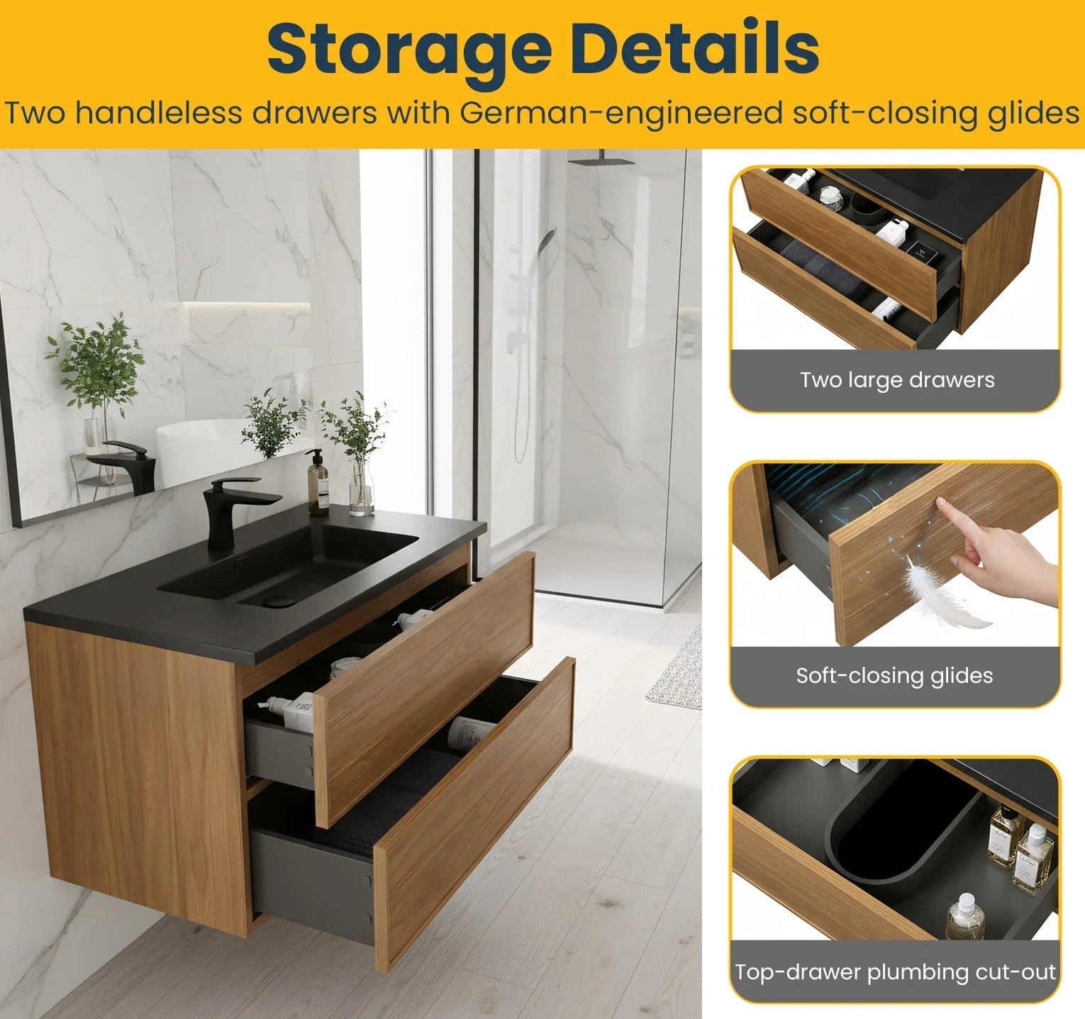 36" Honey Gold Walnut Wall Mount Bathroom Vanity with Black Engineered Quartz Countertop