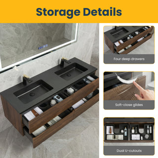 Meuble-Lavabo Mural 60po Noyer avec Comptoir de Quartz d'ingénierie Noir