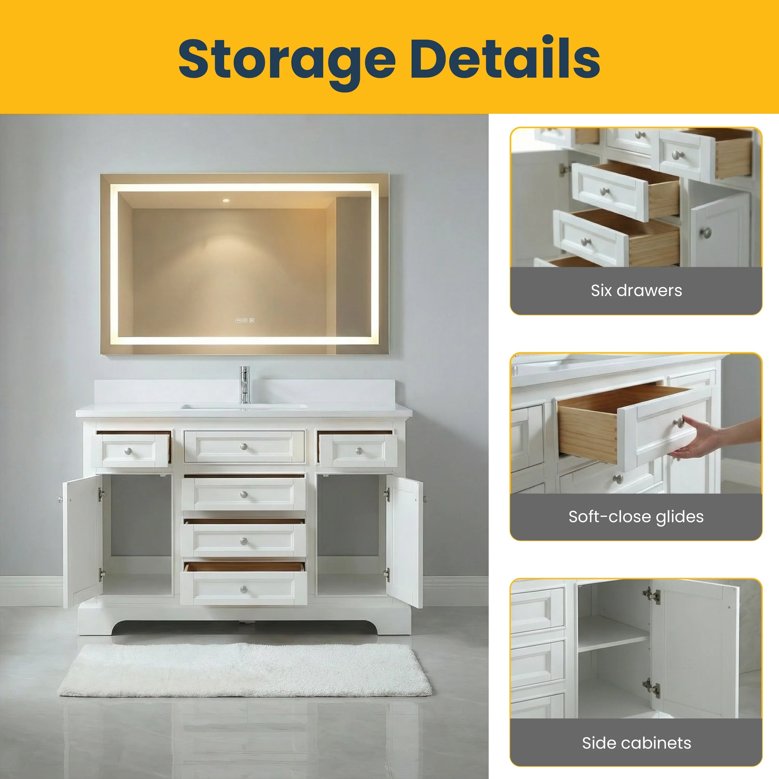 48" White Freestanding Bathroom Vanity with Engineered White Marble Countertop