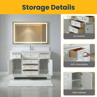 Meuble-lavabo autoportant blanc de 48 po avec comptoir en marbre blanc reconstitué