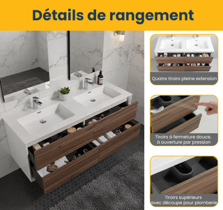 Meuble-lavabo double mural en noyer de 60" avec Comptoir en polymarbre blanc Fleur