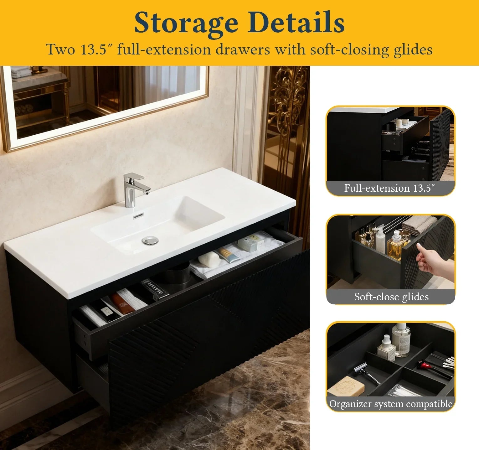 48" Black Wall Mount Bathroom Vanity with White Polymarble Countertop