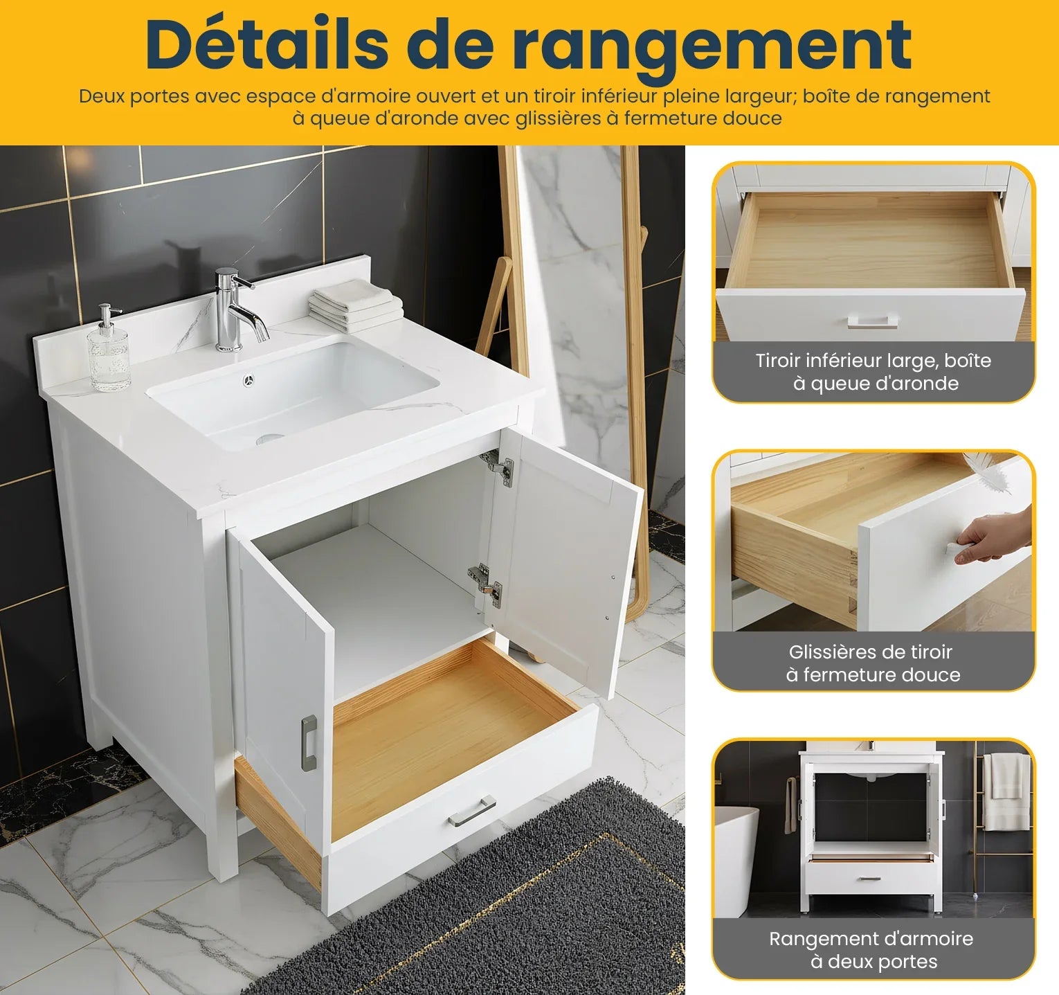 Meuble-Lavabo Autoportant 30po Blanc avec Comptoir de Polymarbre Ingénierie Calcutta