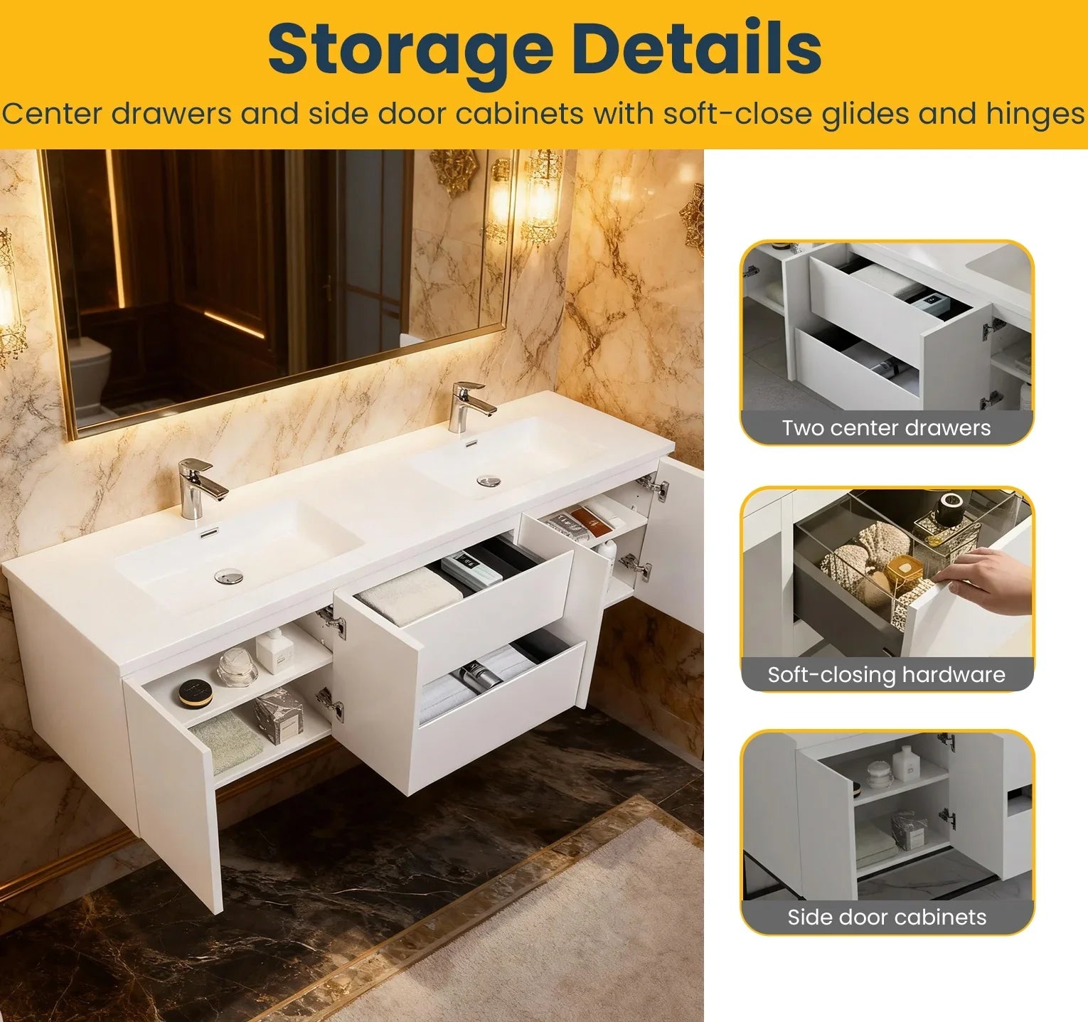 72" White Wall Mount Double Sink Bathroom Vanity with White Polymarble Countertop