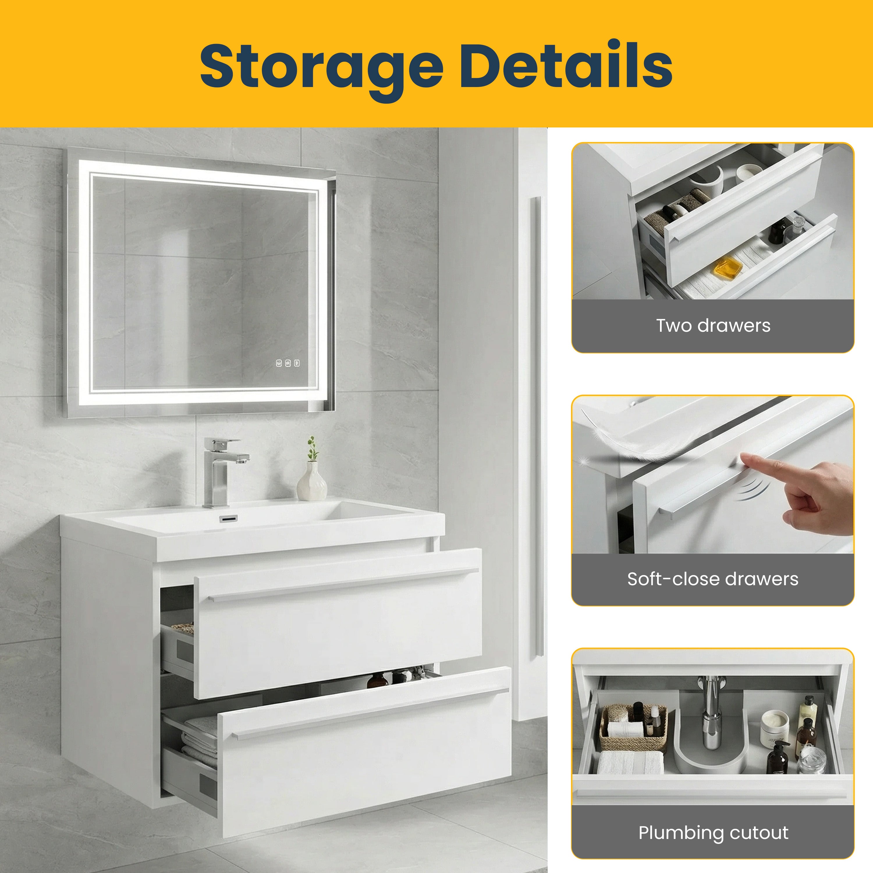 Meuble-lavabo mural blanc 24" avec Comptoir en polymarbre blanc