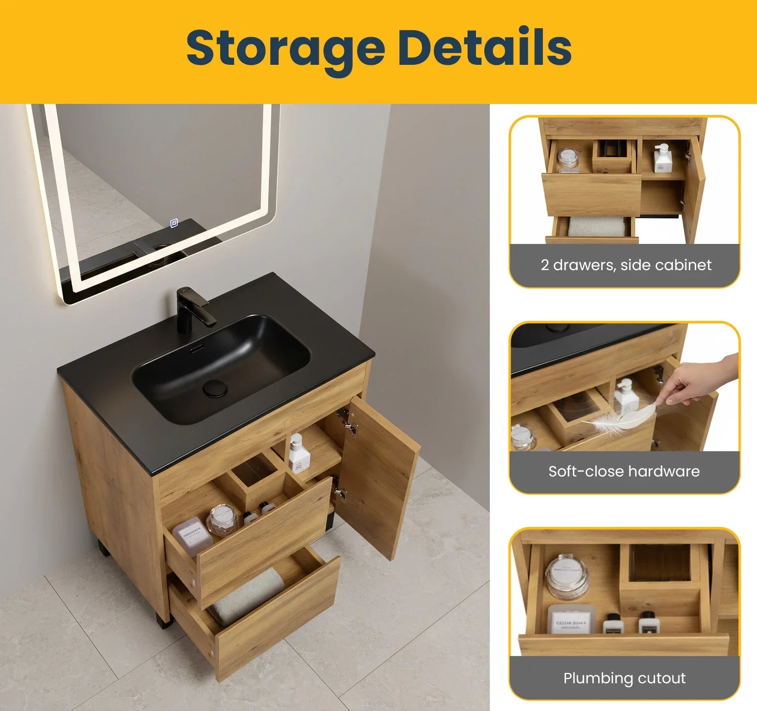 30" Frosted Oak Freestanding Single Sink Bathroom Vanity with Black Ceramic Countertop