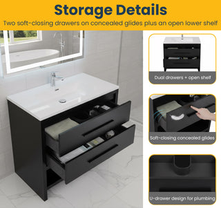 36" Black Rough Oak Freestanding Bathroom Vanity with White Polymarble Countertop