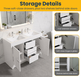 48" Glossy White Freestanding Double Sink Bathroom Vanity with White Polymarble Countertop