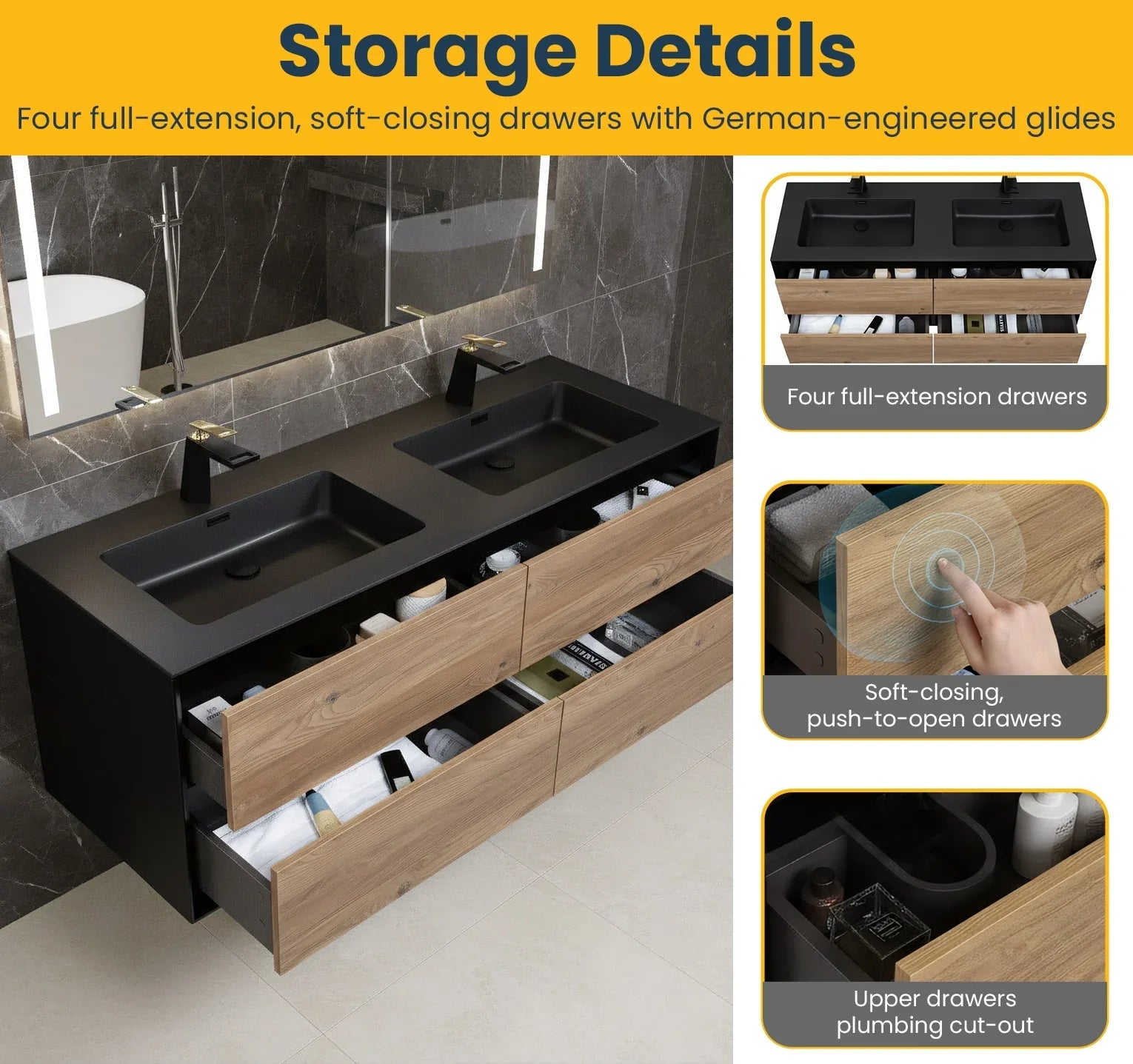 60" Black & Rough Oak Wall Mount Double Sink Bathroom Vanity with Black Engineered Quartz Countertop