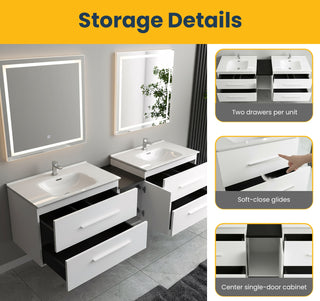 Meuble-Lavabo Mural 72po Blanc Mat avec Comptoir de Céramique Blanc