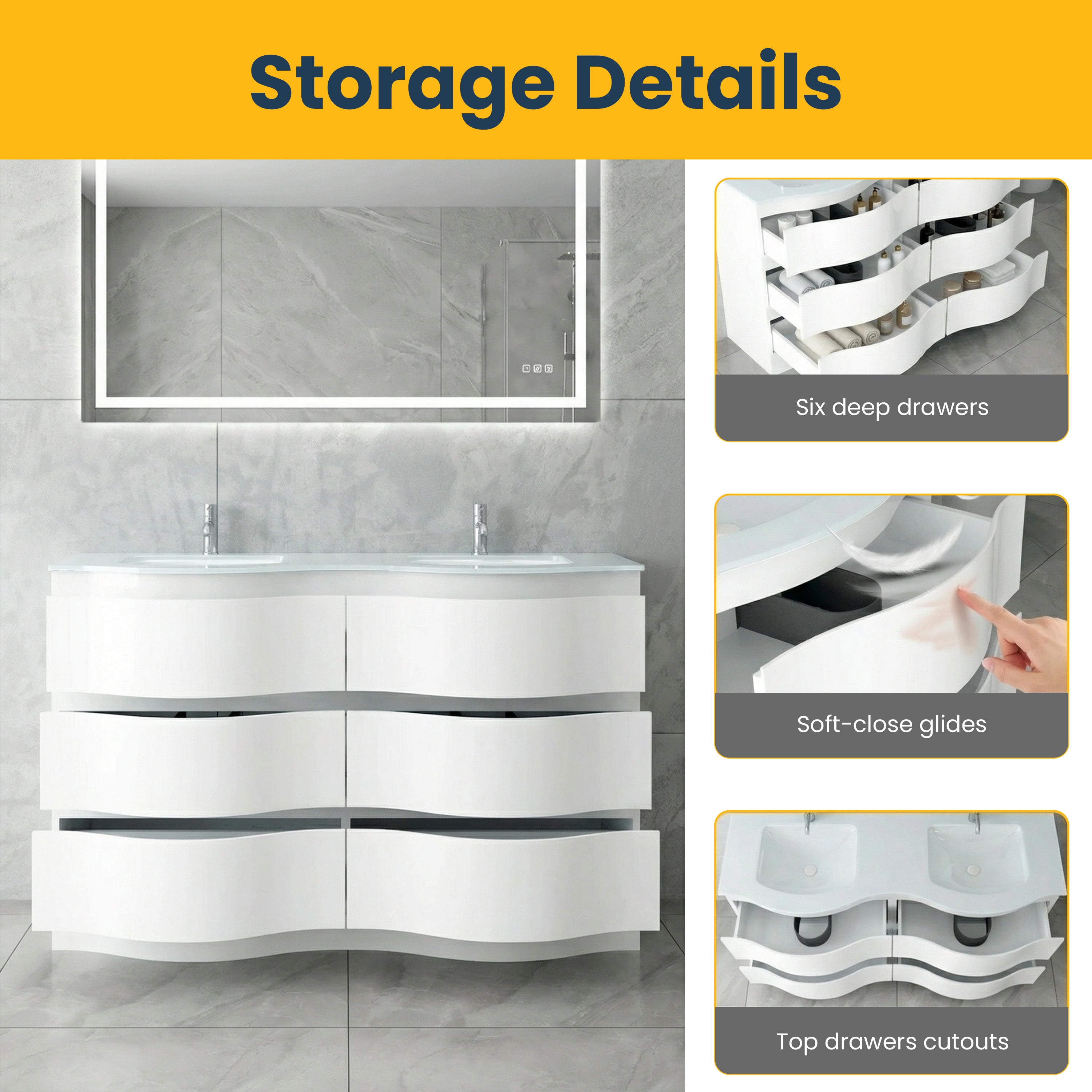 60" Matte White Freestanding Double Sink Bathroom Vanity with White Glass Countertop