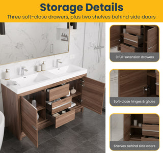 60" Walnut Freestanding Double Sink Bathroom Vanity with White Polymarble Countertop