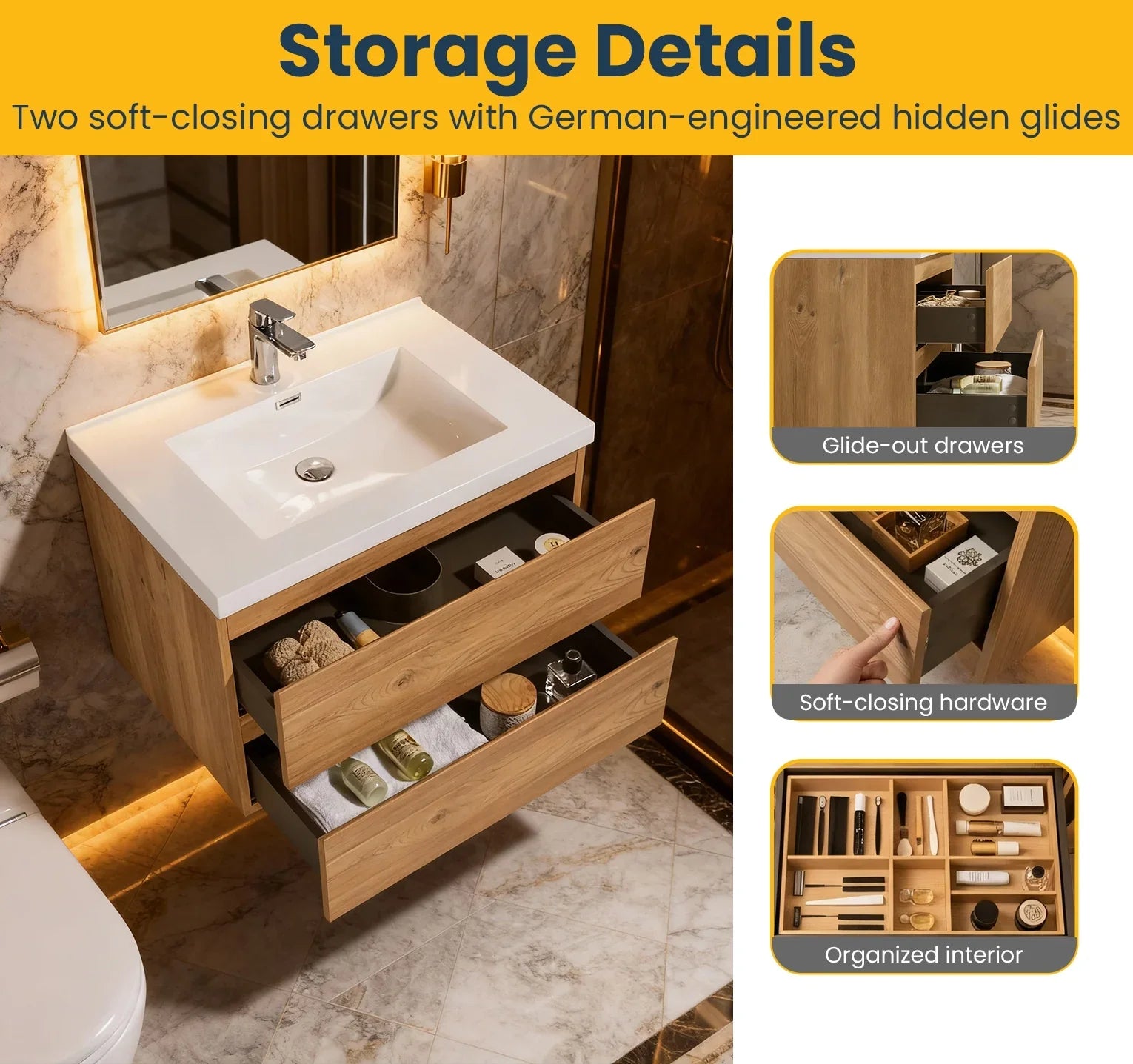 30" Rough Oak Wall Mount Bathroom Vanity with White Polymarble Countertop