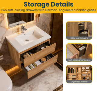 Meuble-lavabo mural de salle de bain en chêne brut 30" avec Comptoir en polymarbre blanc