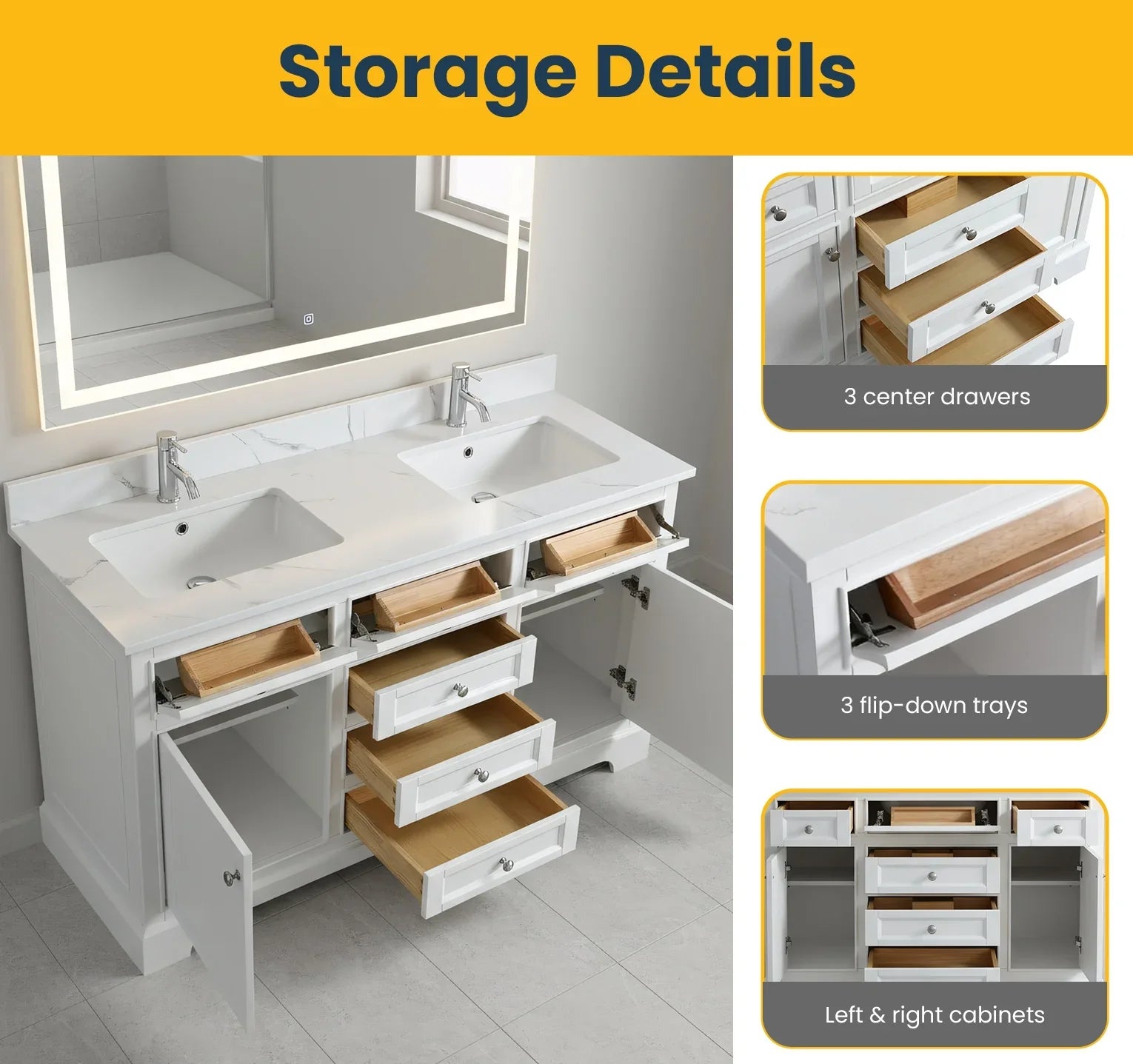 60" White Freestanding Double Sink Bathroom Vanity with Engineered Calcutta Marble Countertop