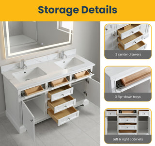 60" White Freestanding Double Sink Bathroom Vanity with Engineered Calcutta Marble Countertop
