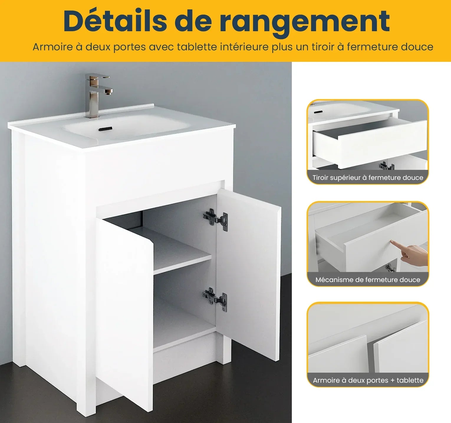Meuble-Lavabo Autoportant 24po Blanc Mat avec Comptoir de Céramique Blanc