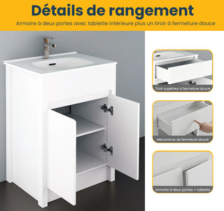 Meuble-Lavabo Autoportant 24po Blanc Mat avec Comptoir de Céramique Blanc