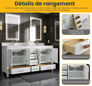 Meuble-Lavabo Autoportant 72po Blanc avec Comptoir de Quartz Blanche Neige