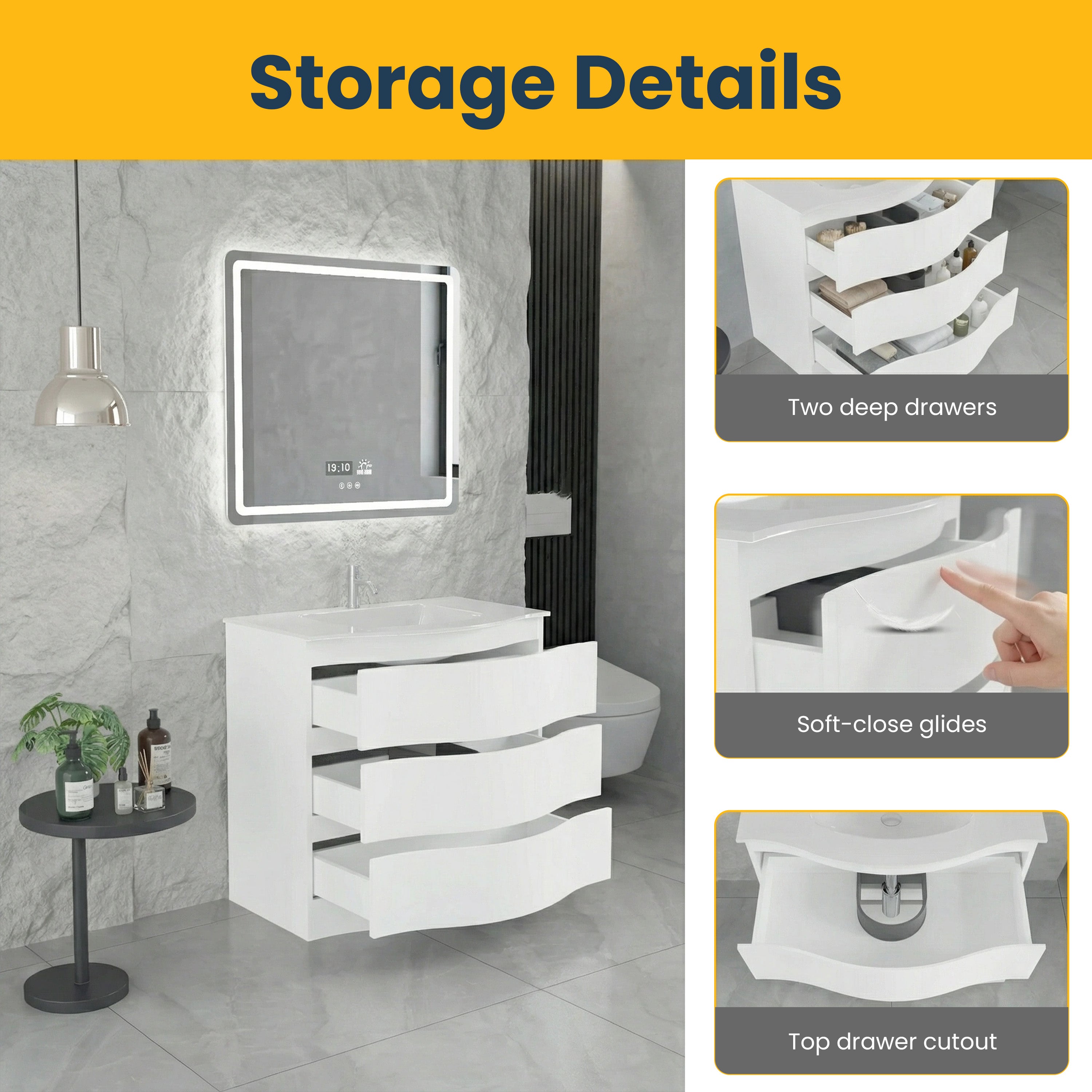 30" Matte White Freestanding Single Sink Bathroom Vanity with White Glass Countertop