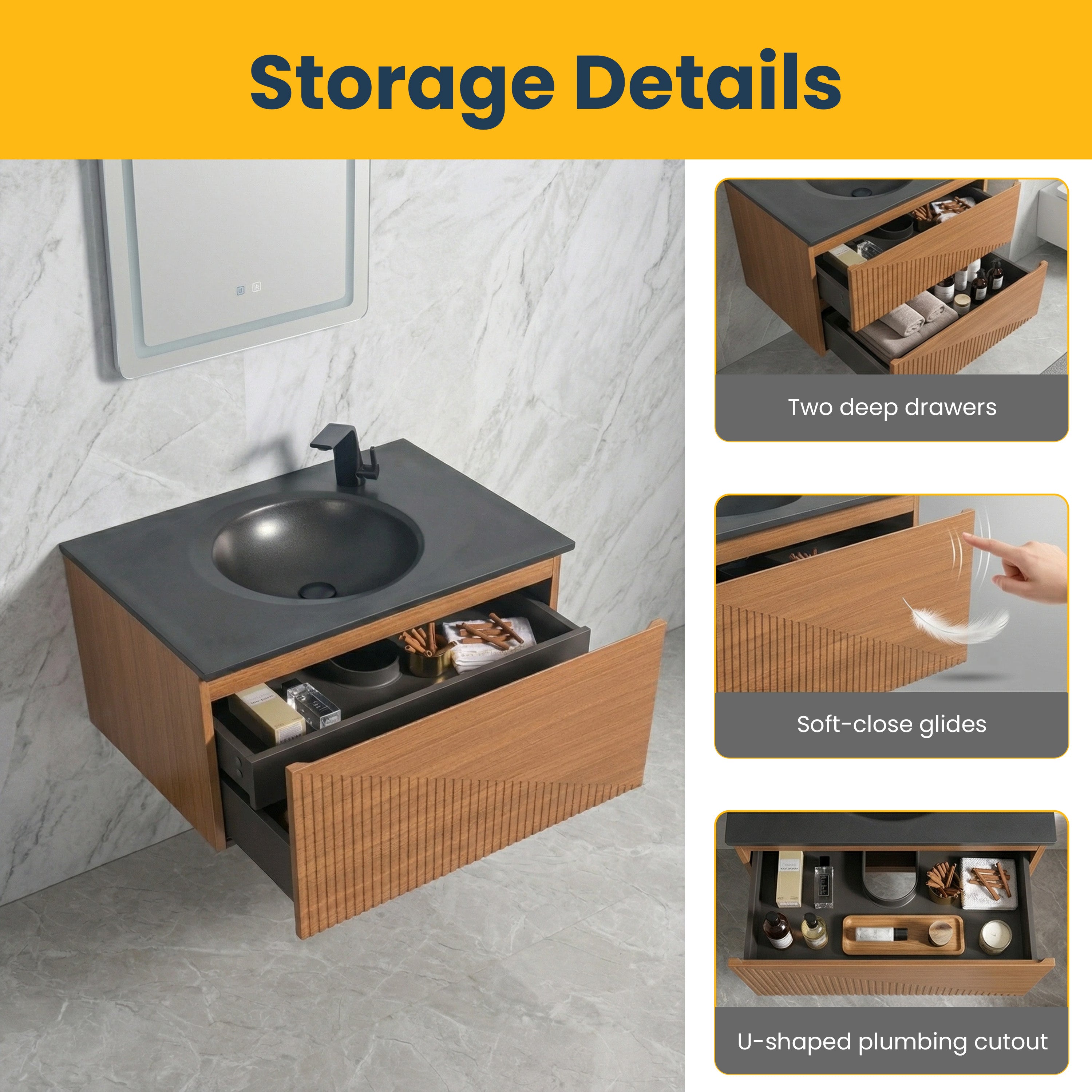 Meuble-Lavabo Mural 36po Chêne Clair avec Comptoir de Quartz d'ingénierie Noir