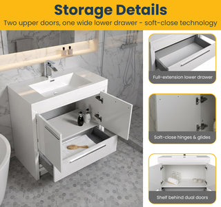 Meuble-Lavabo Autoportant 36po Blanc Brillant avec Comptoir de Polymarbre Blanc 