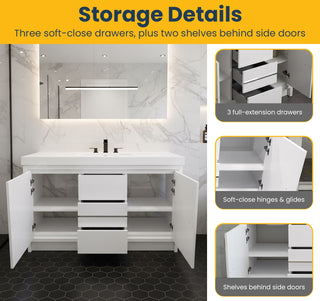 60" Glossy White Freestanding Single Sink Bathroom Vanity with White Polymarble Countertop