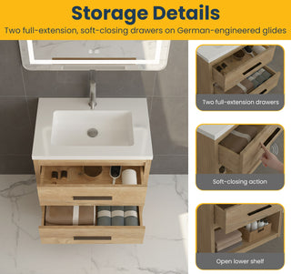 24" Rough Oak Freestanding Bathroom Vanity with White Polymarble Countertop