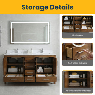 Meuble-lavabo double sur pied en noyer de 60 pouces avec comptoir en marbre reconstitué de Calacatta