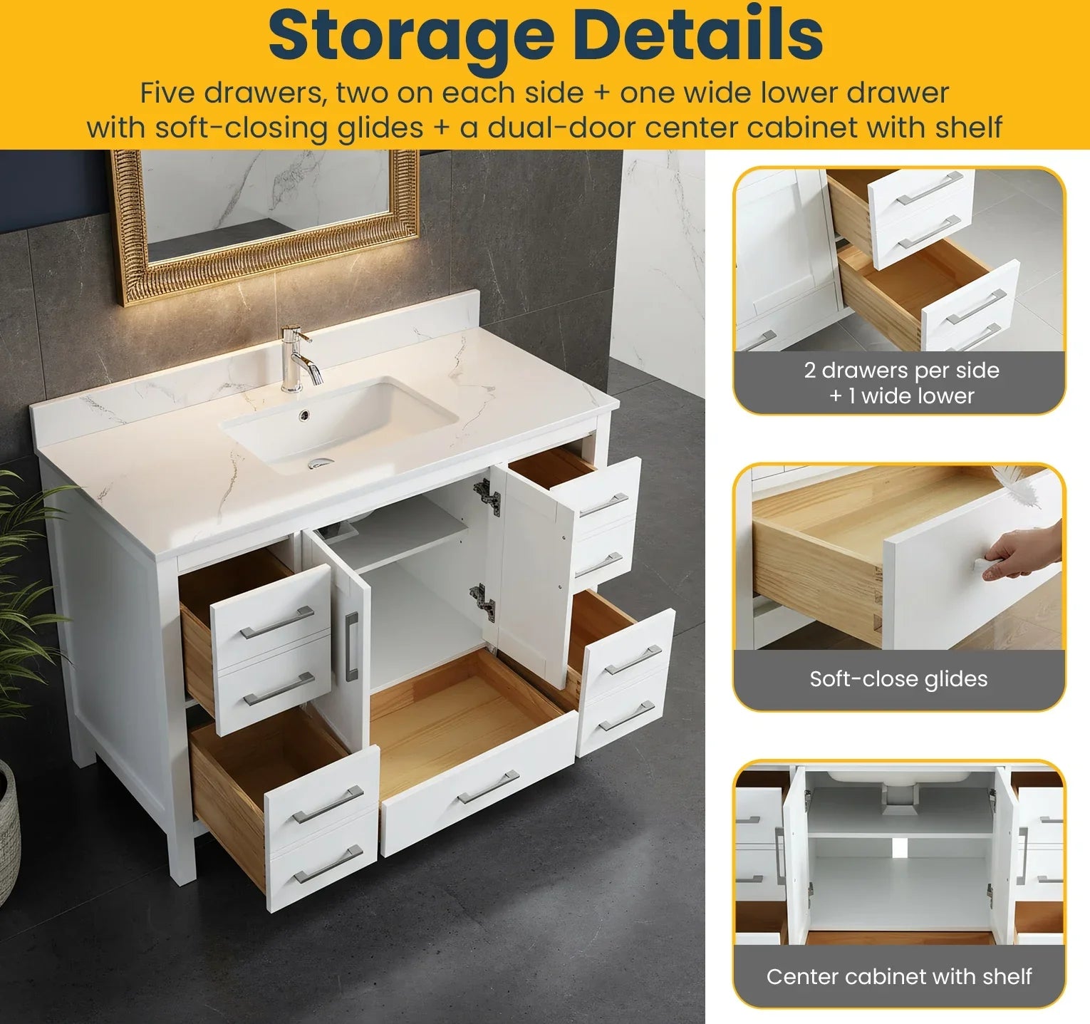 48" White Freestanding Bathroom Vanity with Engineered Calcutta Marble Countertop