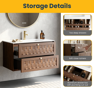 Meuble-lavabo mural en noyer de 36 po avec comptoir en surface solide blanc mat, collection Toulouse