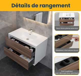 Meuble-lavabo mural en noyer de 36" avec Comptoir en polymarbre blanc