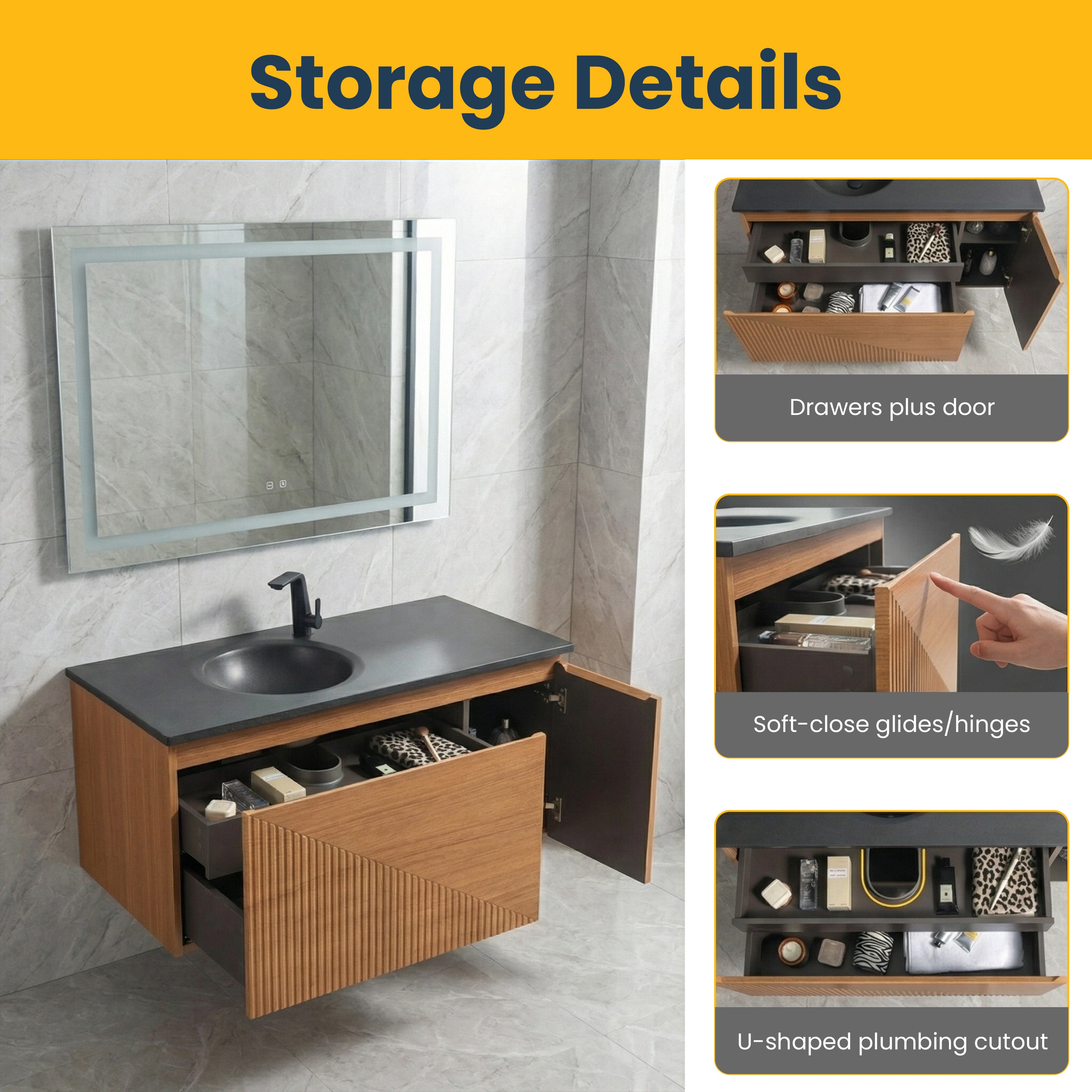 Meuble-Lavabo Mural 48po Chêne Clair avec Comptoir de Quartz d'ingénierie Noir