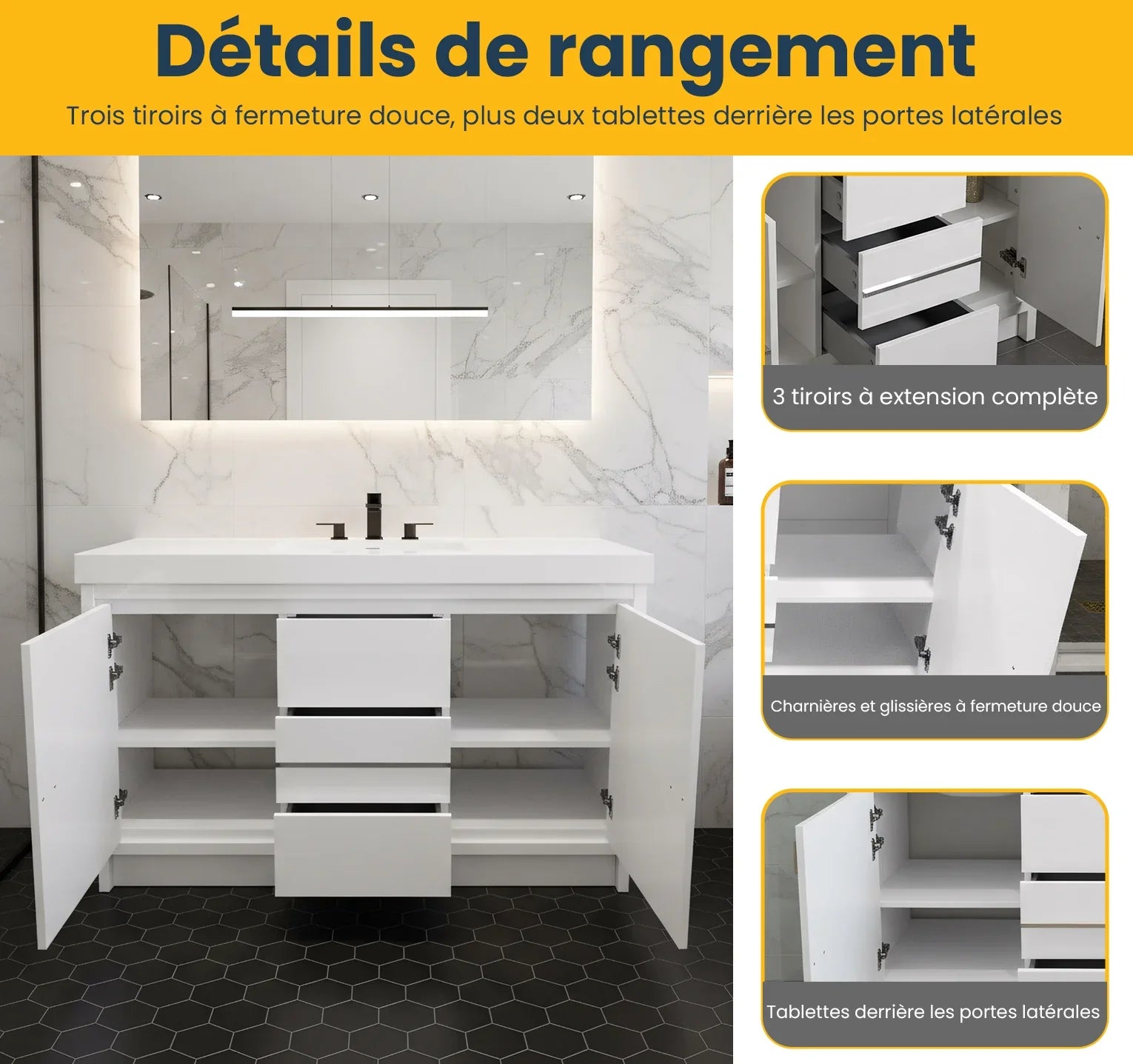 60" Glossy White Freestanding Single Sink Bathroom Vanity with White Polymarble Countertop