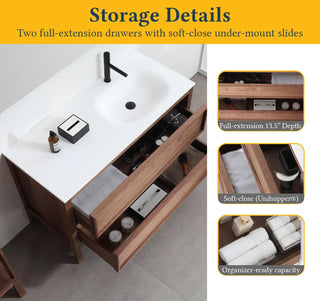 48" Natural Walnut Freestanding Single Sink Bathroom Vanity with White Solid Surface Countertop