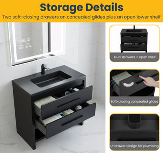 36" Black Rough Oak Freestanding Bathroom Vanity with Black Engineered Quartz Countertop