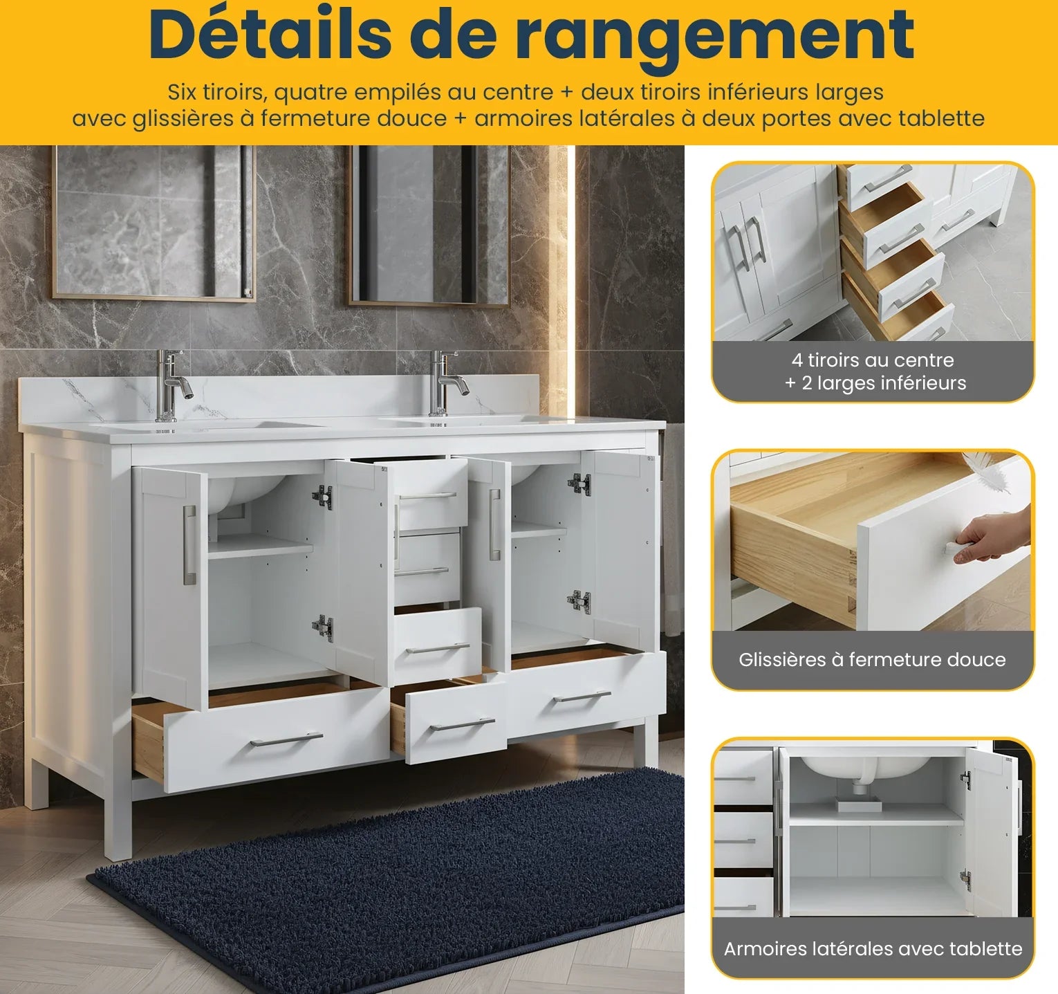 Meuble-Lavabo Autoportant 60po Blanc avec Comptoir de Marbre Ingénierie Calcutta