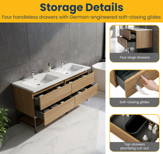 Meuble-Lavabo Mural 60po Noyer Miel Doré avec Comptoir de Polymarbre Blanc