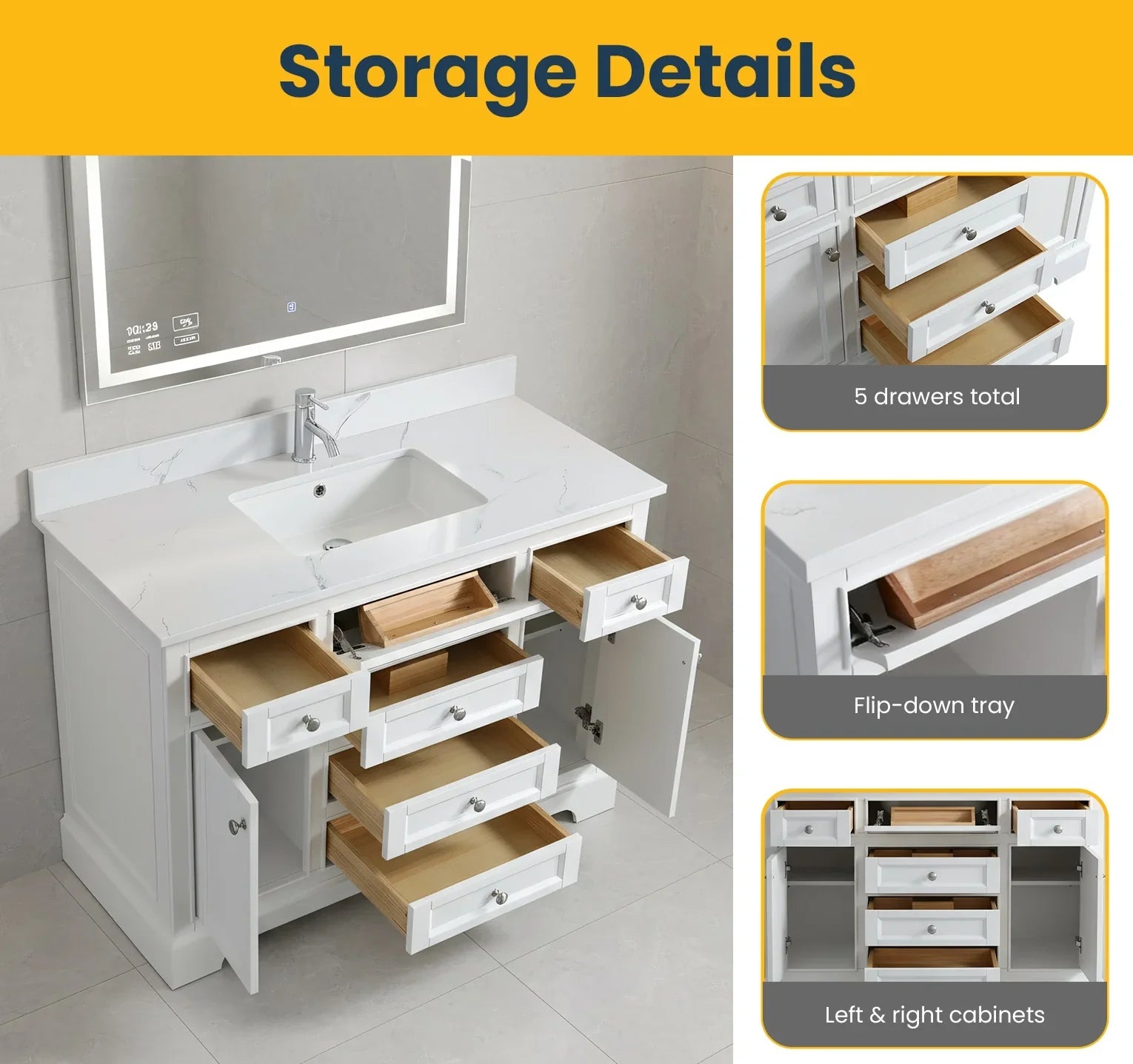 48" White Freestanding Bathroom Vanity with Engineered Calcutta Marble Countertop